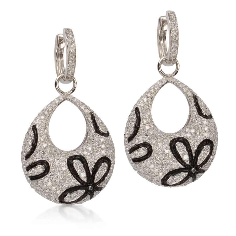 Aros colgantes de oro blanco con brillantes y esmalte negro - imagen 1