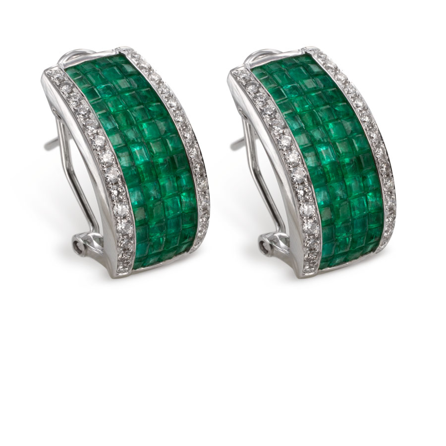 Par de aros de oro blanco con esmeraldas y brillantes - imagen 1