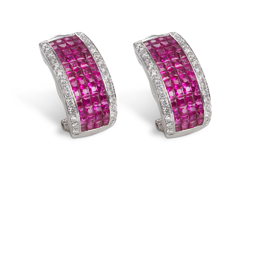 Par de aros de oro blanco con rubíes y brillantes - imagen 1