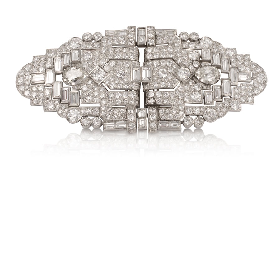 Prendedor doble clip de platino con brillantes