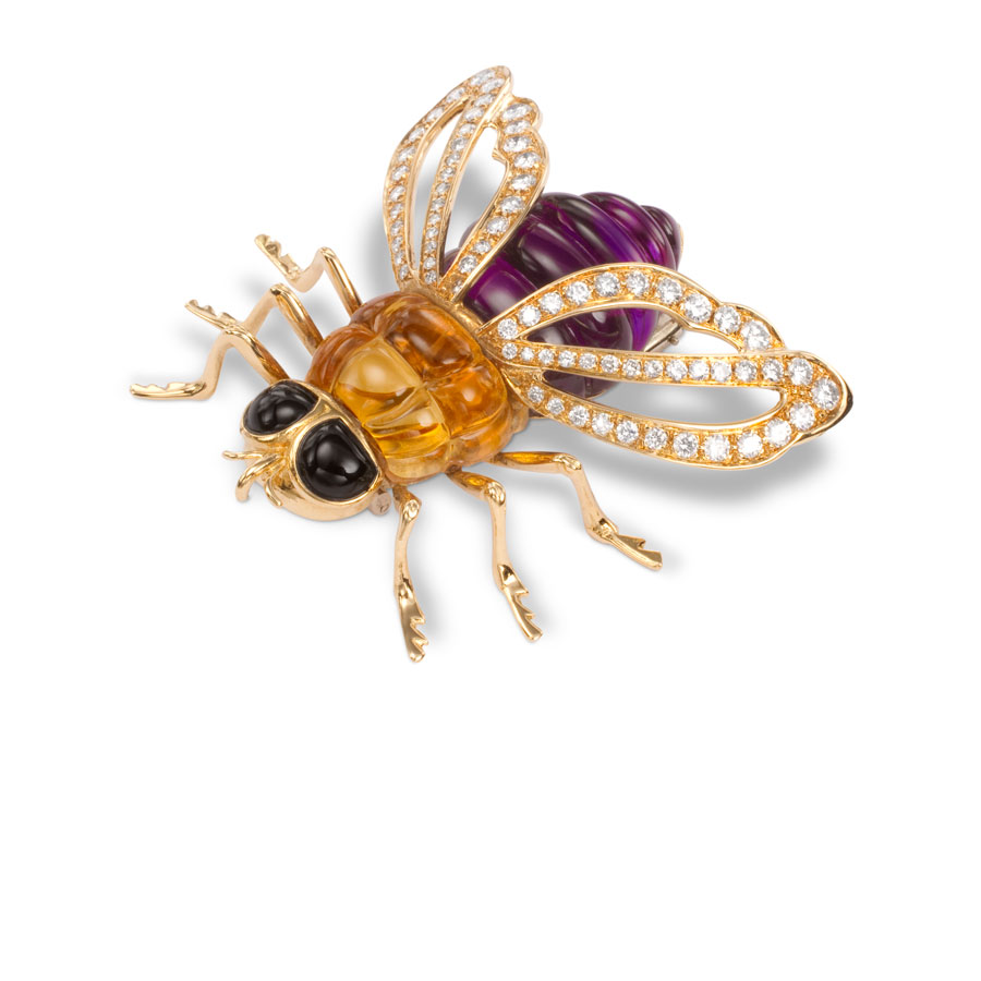 Prendedor Abeja de oro con ónix, citrinos, amatista y brillantes - imagen 1