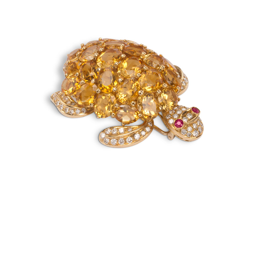 Prendedor Tortuga de oro con rubíes, citrinos y brillantes