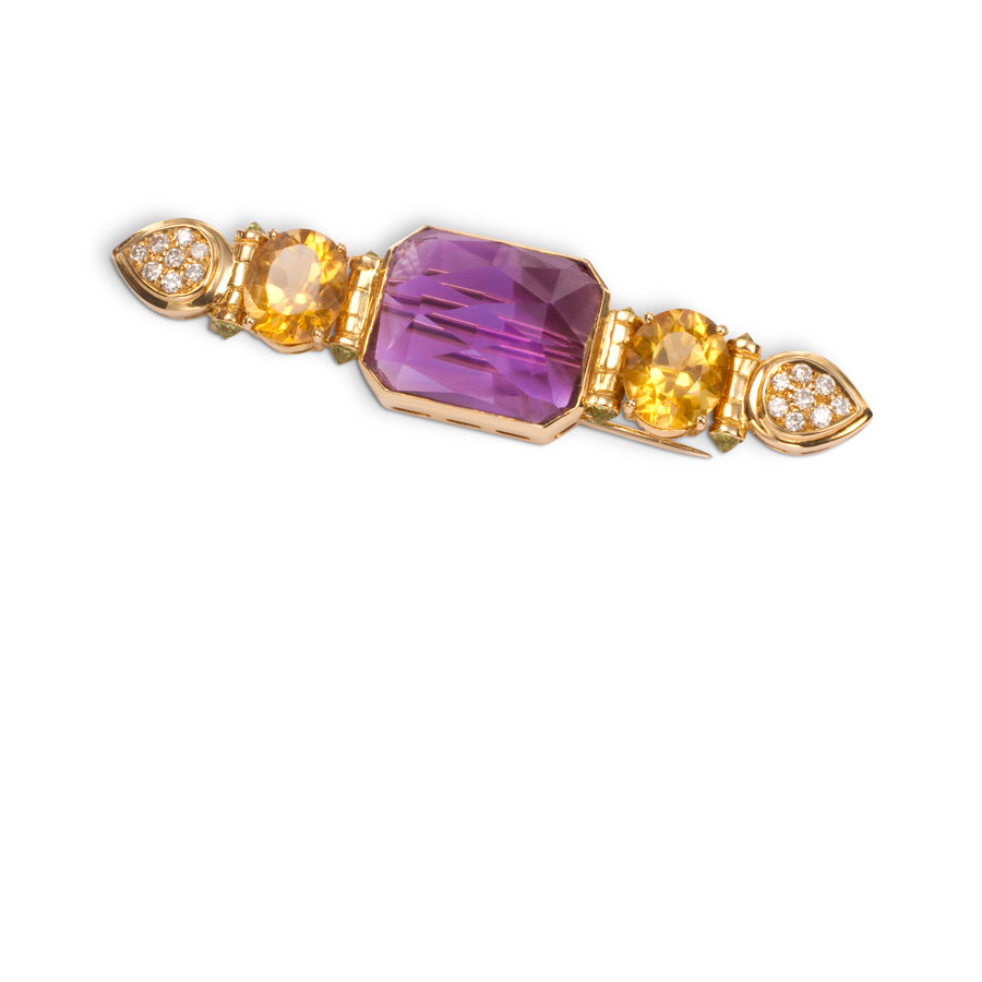 Prendedor Barra de oro con amatista, citrinos, peridots y brillantes