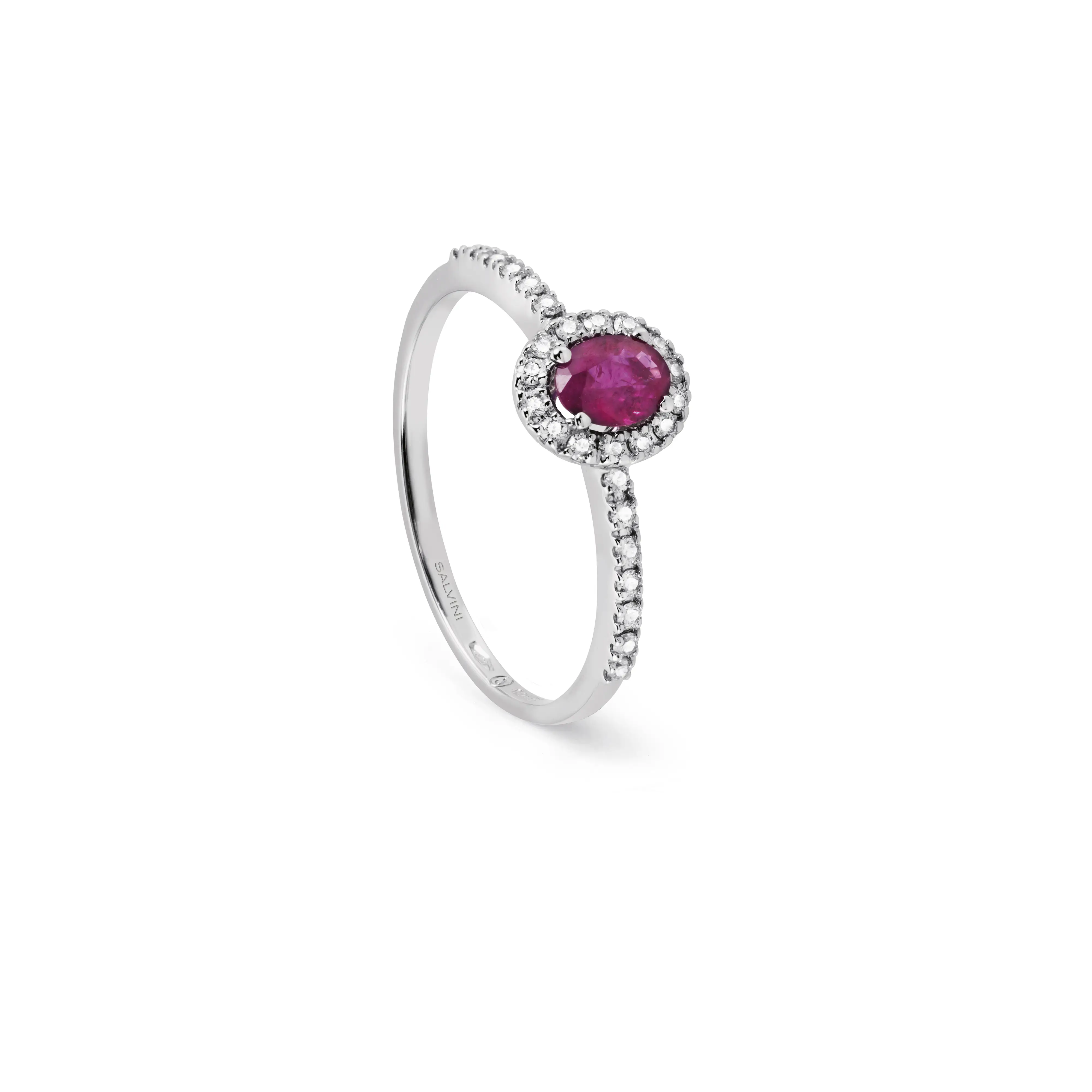 Anillo de oro blanco con brillantes y rubi